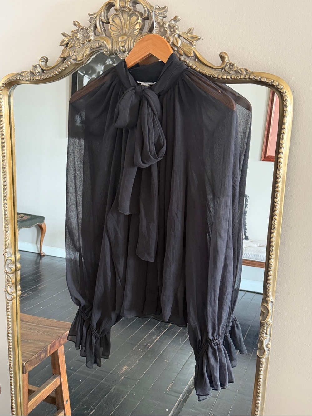 H&M Black Sheer Tie-Neck Blouse with Ruffle Cuffs